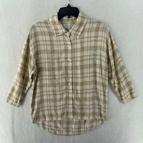 RVCA Button Up Shirt Womens S White Tan Cutout Back Collared 3/4 Sleeves Hi Low - Picture 1 of 11